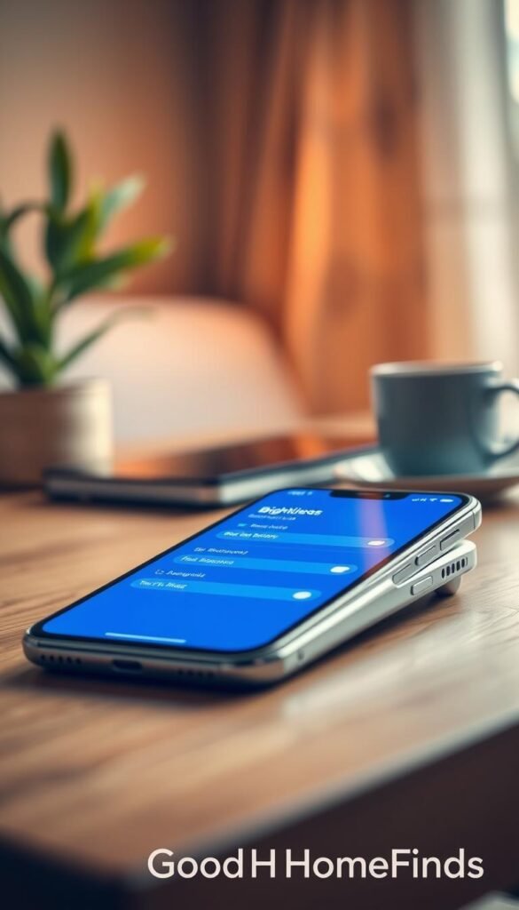 A close-up of a modern smartphone's screen with vivid and highly visible brightness settings displayed. The background is softly blurred to emphasize the device, with warm, inviting lighting that suggests a cozy indoor setting, evoking a sense of tech-savvy comfort. The smartphone, sleek and minimalistic, rests on a stylish wooden table, surrounded by a few minimalist accessories like a plant and a coffee cup, indicating a productive workspace. The scene is shot at a slight angle, capturing the screen's vibrant interface and the reflections of ambient light on the device's surface. The overall mood is practical and contemporary, reflecting the theme of efficient energy usage. GoodHomeFinds.