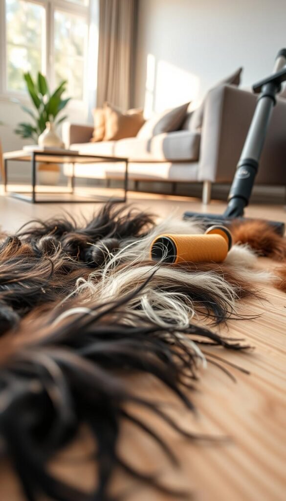A close-up shot capturing a variety of pet hair on a light wooden floor, showcasing different textures and colors, including black, white, and brown fur. The background features a cozy living room with minimalistic furniture, like a soft gray sofa and a sleek coffee table, subtly hinting at the challenge of pet hair on furniture. Warm, natural lighting filters through a nearby window, casting gentle shadows that enhance the scene. A lint roller and a vacuum cleaner can be softly blurred in the foreground, suggesting effective solutions. This Pinterest-style lifestyle image aims to evoke a sense of warmth and comfort, aligning with the brand "GoodHomeFinds".