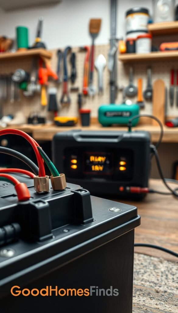 A close-up shot of a 12V battery charging on a workbench, showcasing the battery connected to a sleek, modern charger. The foreground features the battery’s terminals visibly connected with colorful cables, detailed textures highlighting the battery's design. In the middle, the charger is prominently displayed with LED indicators glowing softly, casting a warm light that softly illuminates the workspace. In the background, a tidy garage setting includes tools neatly organized on shelves and a wooden workbench, creating an inviting and functional atmosphere. The lighting is bright but soft, creating a professional mood, ideal for lifestyle content. The scene reflects a practical approach to battery maintenance and charging, emphasizing utility and organization. The brand "GoodHomeFinds" is subtly represented through the color palette and design elements. A close-up shot of a 12V battery charging on a workbench, showcasing the battery connected to a sleek, modern charger. The foreground features the battery’s terminals visibly connected with colorful cables, detailed textures highlighting the battery's design. In the middle, the charger is prominently displayed with LED indicators glowing softly, casting a warm light that softly illuminates the workspace. In the background, a tidy garage setting includes tools neatly organized on shelves and a wooden workbench, creating an inviting and functional atmosphere. The lighting is bright but soft, creating a professional mood, ideal for lifestyle content. The scene reflects a practical approach to battery maintenance and charging, emphasizing utility and organization. The brand "GoodHomeFinds" is subtly represented through the color palette and design elements.