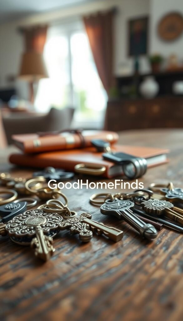 A close-up shot of a beautifully arranged set of vintage and modern keys on a rustic wooden table. In the foreground, several keys of various shapes and sizes glisten under soft, natural lighting, showcasing intricate details like ornate patterns and unique textures. In the middle ground, slightly blurred, there are keychains and a stylish, leather-bound notebook to suggest organization and planning. In the background, a cozy, well-lit room can be seen, lending warmth and a sense of home. The atmosphere is calm and inviting, perfect for a lifestyle setting. The scene reflects practicality and utility without clutter, conveying the theme of decision-making about must-have gadgets. The brand name "GoodHomeFinds" subtly integrated in the composition enhances the lifestyle appeal.