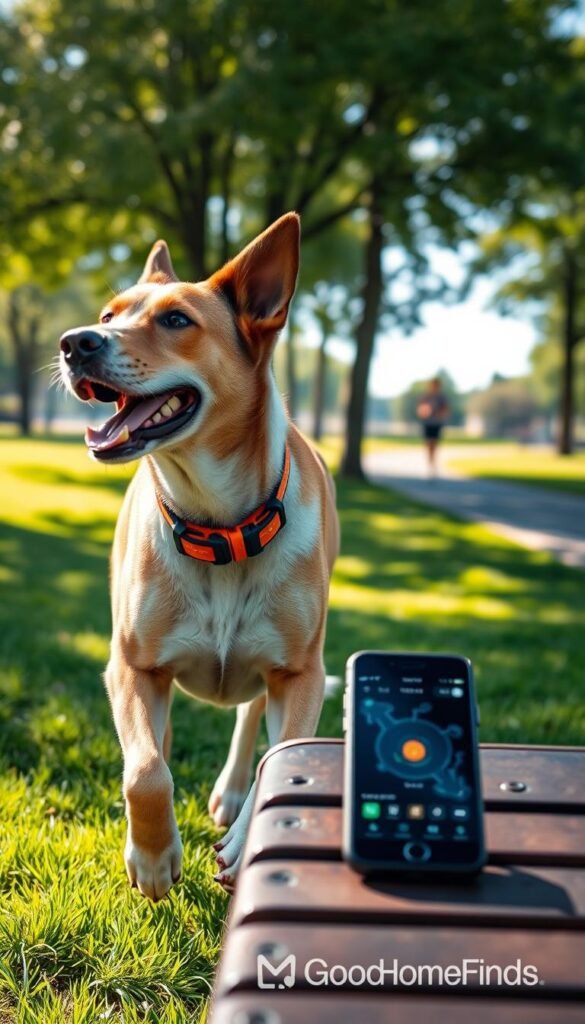 A close-up shot of a dog wearing a modern GPS collar, showcasing its sleek design and vibrant colors. The dog is playfully trotting in a lush green park, with sunlight filtering through the leaves to create a warm and inviting atmosphere. In the background, a few trees and a distant jogging path add context without distraction. The focus is on the collar, with a subtle glow indicating its tracking functionality, while a smartphone displaying a tracking app is placed on a nearby bench in soft focus. The overall mood conveys safety and technology in harmony. The scene is bright and cheerful, capturing the essence of pet owner tech, branded subtly with "GoodHomeFinds" in the corner.