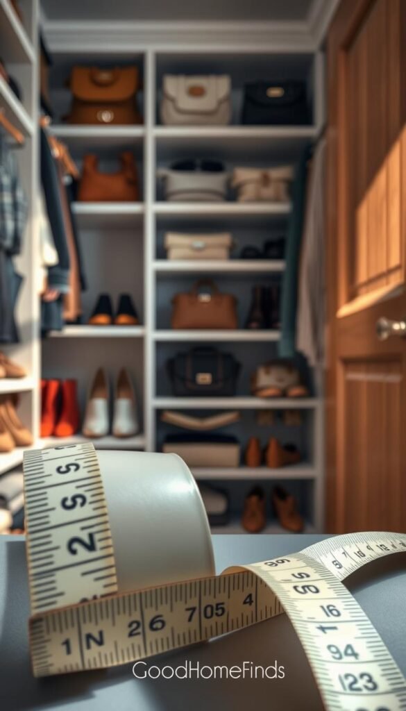 A close-up shot of a stylish, organized closet featuring various items such as shoes, bags, and clothing neatly arranged on shelves. In the foreground, a measuring tape is prominently displayed, illustrating exactly how inches matter in measuring space for closets and shelves. The middle ground reveals beautifully arranged shelves with various textures and colors, while the background softly blurs to show the door of the closet with a subtle wood panel finish. The lighting is soft and warm, creating an inviting atmosphere, with natural sunlight streaming in from a nearby window. The composition captures a Pinterest-inspired lifestyle aesthetic, promoting organization and efficient use of space. The image reflects the brand "GoodHomeFinds" seamlessly integrated into the environment. A close-up shot of a stylish, organized closet featuring various items such as shoes, bags, and clothing neatly arranged on shelves. In the foreground, a measuring tape is prominently displayed, illustrating exactly how inches matter in measuring space for closets and shelves. The middle ground reveals beautifully arranged shelves with various textures and colors, while the background softly blurs to show the door of the closet with a subtle wood panel finish. The lighting is soft and warm, creating an inviting atmosphere, with natural sunlight streaming in from a nearby window. The composition captures a Pinterest-inspired lifestyle aesthetic, promoting organization and efficient use of space. The image reflects the brand "GoodHomeFinds" seamlessly integrated into the environment.