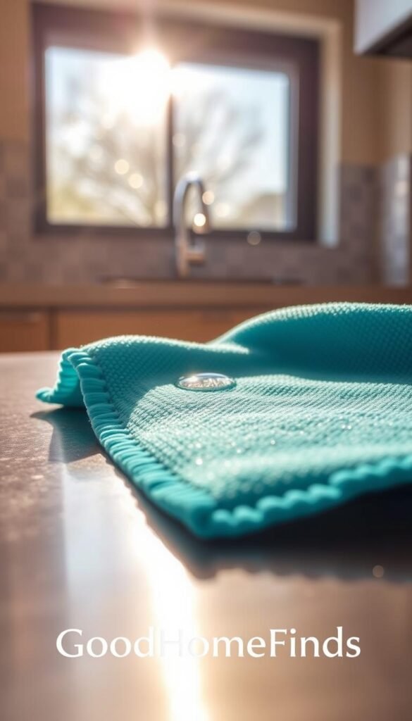 A close-up shot of a vibrant, textured microfiber cloth designed for cleaning glass, laid flat on a polished stainless steel counter. The cloth showcases a rich color, perhaps a deep blue or vibrant green, with fine fibers glistening softly under warm, natural light. In the background, a sparkling clean glass window reflects the light, enhancing the atmosphere of cleanliness and freshness. A few droplets of water or cleaning solution are visible on the cloth, suggesting its use. The image should be captured with a slightly blurred depth of field, focusing on the cloth while creating a serene and inviting environment. The brand name "GoodHomeFinds" subtly integrated into the design, enhances the aesthetic without overpowering the visual focus.