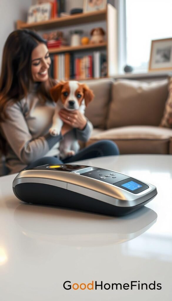 A close-up view of a modern microchip scanner designed for pet identification, with a gleaming metallic finish and intricate circuitry visible. In the foreground, a pet owner gently holds a small, brown and white dog while looking curiously at the scanner, which is illuminated by soft, warm lighting that highlights the textures and details of both the tech and the pet. The middle ground features a clean, polished table where the scanner rests, showcasing its high-tech interface with glowing buttons and a digital display. In the background, a cozy living room setting is subtly blurred, with a bookshelf filled with pet care books and family photos creating an inviting atmosphere. The overall mood conveys a sense of hope and connection in the search for lost pets. GoodHomeFinds.