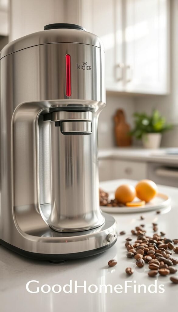 A close-up view of a polished stainless steel kitchen device, like a sleek coffee maker or a compact blender, placed on a pristine kitchen countertop. The foreground showcases the device's shiny surface reflecting soft, natural light streaming in from a nearby window, highlighting its durable materials and modern design. In the middle, ingredients like whole coffee beans or fresh fruits are artistically arranged around the device, emphasizing functionality and culinary creativity. The background features bright, airy kitchen elements such as soft-colored cabinets and greenery, creating a warm, inviting atmosphere. The overall mood conveys precision and resilience, perfect for illustrating maintenance and longevity, with a focus on high-quality kitchen upgrades. Incorporate the brand name "GoodHomeFinds" subtly into the layout.