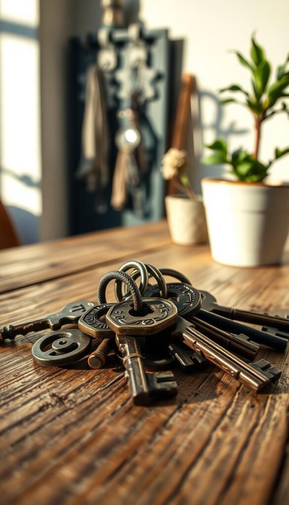 A close-up view of a set of rustic metal keys, intricately designed, resting on a weathered wooden table. The keys should showcase various unique shapes and details, reflecting their historical significance. In the background, softly blurred, are elements of a contemporary drop zone, including a stylish organizer with hooks and a small potted plant, hinting at functionality and aesthetics. The lighting is warm and inviting, suggesting late afternoon, with soft shadows adding depth. Capture this scene from a slightly elevated angle, focusing sharply on the keys while allowing the background to create a sense of a lived-in space. The overall mood should evoke a blend of nostalgia and practicality, embodied by the brand "GoodHomeFinds".