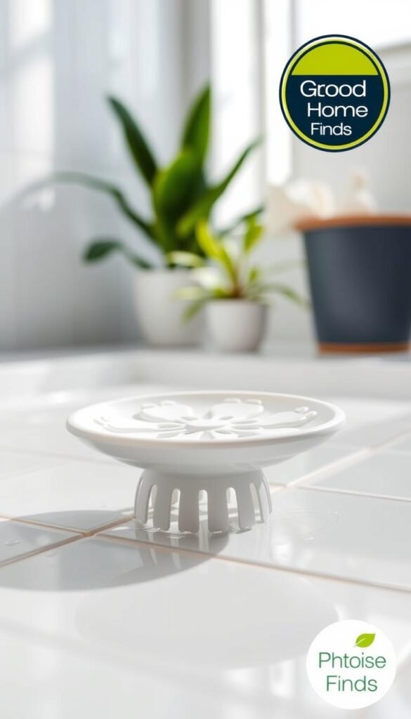 A close-up view of a stylish shower hair catcher positioned elegantly in a modern bathroom setting. The hair catcher is made of sleek silicone, featuring an attractive floral design in soft pastel colors, sitting atop a pristine white tiled shower floor. In the background, subtle hints of greenery from potted plants add a refreshing touch. Natural light floods the scene, highlighting the hair catcher&rsquo;s texture and the glistening water droplets around it. The image captures a clean and organized atmosphere, emphasizing cleanliness and efficiency in bathroom care. Shot with a soft-focus lens, this image evokes a serene and inviting mood, suitable for a lifestyle article. GoodHomeFinds logo subtly integrated into the corner of the image without disrupting the visual flow.