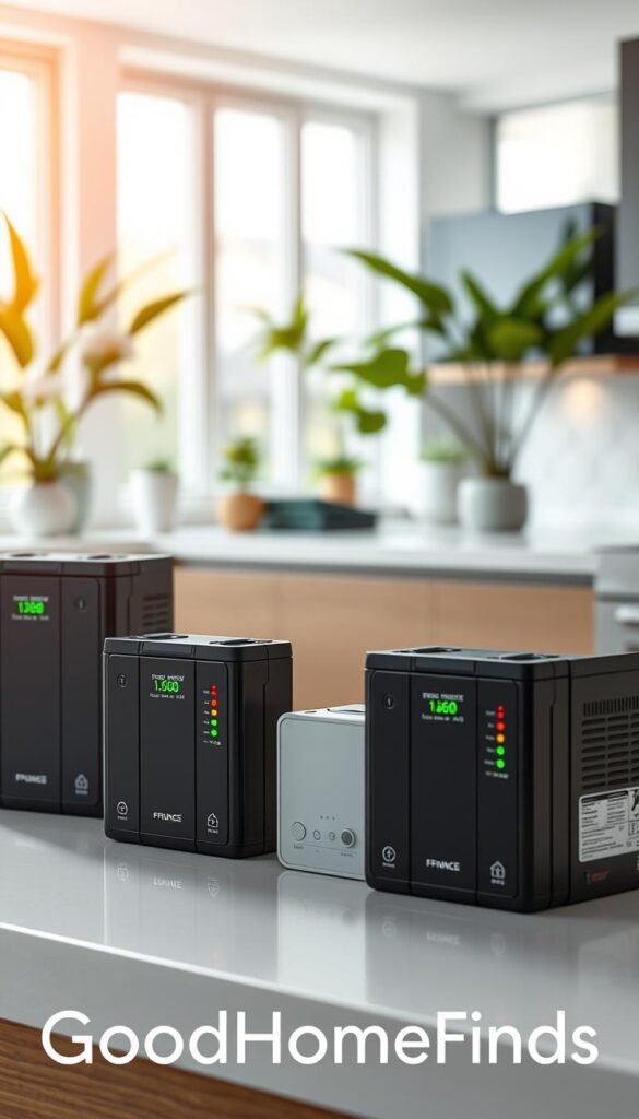 A close-up view of advanced energy battery devices designed for home security technology in a sleek, modern environment. The foreground features a range of battery units, highlighting their intricate designs with LED indicators showing different charge levels. In the middle ground, a polished kitchen counter displays a smart home device, illustrating energy-efficient features. The background showcases a bright, airy living space with green plants, emphasizing sustainability. Soft, natural light filters through large windows, creating a warm atmosphere. Use a shallow depth of field to blur the background slightly, drawing focus to the batteries. This Pinterest-style lifestyle photo should evoke a sense of innovation and reliability, featuring the brand name "GoodHomeFinds" impeccably integrated into the scene without any text overlays.