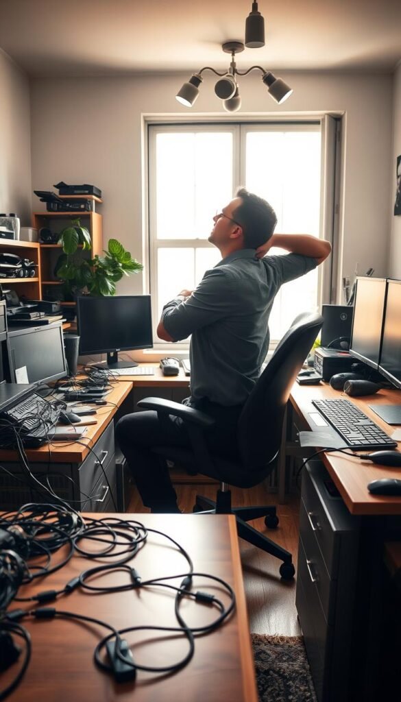 A cluttered desk setup in a home office that illustrates common mistakes in ergonomics and organization. In the foreground, a messy desk with tangled cables, unused tech gadgets, and an overcrowded workspace. In the middle ground, a chair that appears uncomfortable, with a slouching posture of a professional dressed in business attire, showing signs of discomfort while working. In the background, a poorly lit room with glaring overhead lights creating harsh shadows. A large window with natural sunlight peeking through adds depth and warmth to the atmosphere. The overall mood is one of frustration and urgency, highlighting the importance of a well-planned desk tech setup. The image should reflect modern lifestyle aesthetics, inspired by "GoodHomeFinds," emphasizing a realistic and relatable environment. A cluttered desk setup in a home office that illustrates common mistakes in ergonomics and organization. In the foreground, a messy desk with tangled cables, unused tech gadgets, and an overcrowded workspace. In the middle ground, a chair that appears uncomfortable, with a slouching posture of a professional dressed in business attire, showing signs of discomfort while working. In the background, a poorly lit room with glaring overhead lights creating harsh shadows. A large window with natural sunlight peeking through adds depth and warmth to the atmosphere. The overall mood is one of frustration and urgency, highlighting the importance of a well-planned desk tech setup. The image should reflect modern lifestyle aesthetics, inspired by "GoodHomeFinds," emphasizing a realistic and relatable environment.