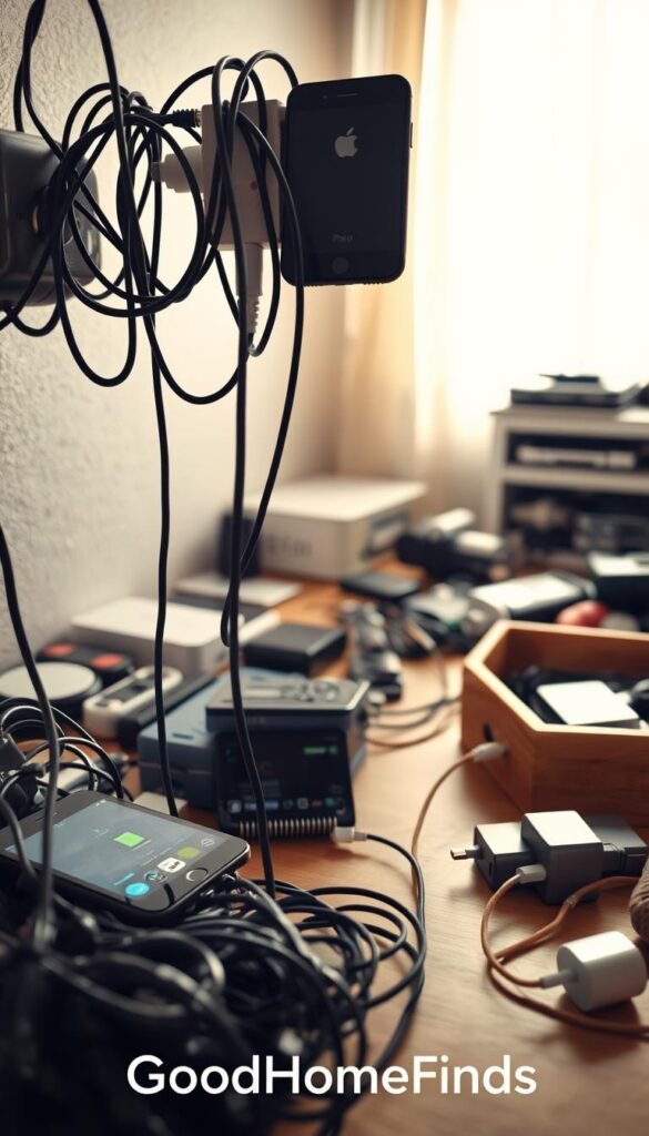 A cluttered family charging station, showcasing various charging mistakes causing slow charging and safety hazards. In the foreground, tangled cables hang loosely from an overcrowded multi-device charger, with a smartphone precariously balanced on its side. In the middle ground, a power strip overloaded with devices shows signs of wear, and a child&rsquo;s tablet displays a low battery warning. The background features a chaotic desk setup, with unnecessary gadgets scattered around and a partially open drawer spilling out extra chargers. Soft, natural lighting filters through a nearby window, creating a warm atmosphere, as if the scene is in a cozy family home. High-resolution, realistic detail evokes Pinterest-inspired aesthetics. Label the scene with the brand name "GoodHomeFinds".