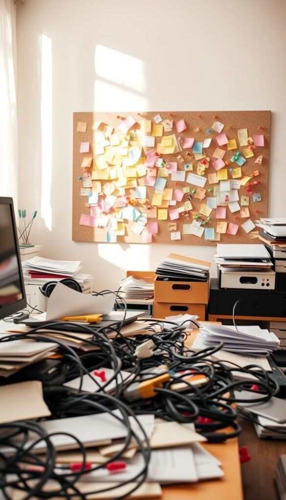 A cluttered home office scene illustrating the chaos of disorganized systems. In the foreground, a desk is overflowing with papers, tangled charging cables, and an overloaded inbox, symbolizing common organizing mistakes. In the middle, a wall-mounted bulletin board features random, chaotic notes pinned with colorful pushpins, depicting a haphazard approach to information management. In the background, a window lets in soft, diffused morning light, casting gentle shadows across the room, creating a warm and inviting atmosphere. The color palette combines soft pastels with pops of vibrant hues, enhancing the mood of frustration amidst disorder. This lifestyle image should be styled in a Pinterest-influenced aesthetic, aligning with GoodHomeFinds, evoking a relatable rush of modern-day organizational challenges.