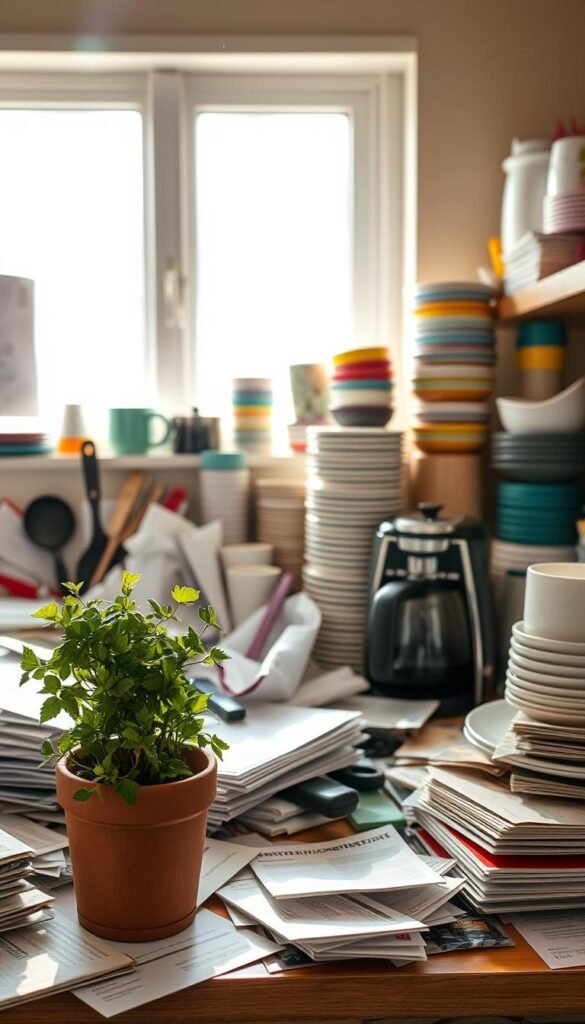 A cluttered kitchen counter scene, overflowing with everyday items like scattered mail, half-opened packages, cooking utensils, and unwashed dishes stacked haphazardly. In the foreground, a cozy herb pot and a disorganized coffee maker add warmth. The middle layer features an array of colorful, mismatched plates and cups, while the background reveals a sunlight-drenched window, casting soft rays that illuminate dust particles floating in the air. The atmosphere is busy yet relatable, embodying the chaos of daily life. Capture the image in a bright, natural light with a shallow depth of field to gently blur the background, emphasizing the clutter in the foreground. Showcase the brand "GoodHomeFinds" subtly in decor elements without overt logos, creating a realistic, Pinterest-style lifestyle photo. A cluttered kitchen counter scene, overflowing with everyday items like scattered mail, half-opened packages, cooking utensils, and unwashed dishes stacked haphazardly. In the foreground, a cozy herb pot and a disorganized coffee maker add warmth. The middle layer features an array of colorful, mismatched plates and cups, while the background reveals a sunlight-drenched window, casting soft rays that illuminate dust particles floating in the air. The atmosphere is busy yet relatable, embodying the chaos of daily life. Capture the image in a bright, natural light with a shallow depth of field to gently blur the background, emphasizing the clutter in the foreground. Showcase the brand "GoodHomeFinds" subtly in decor elements without overt logos, creating a realistic, Pinterest-style lifestyle photo.