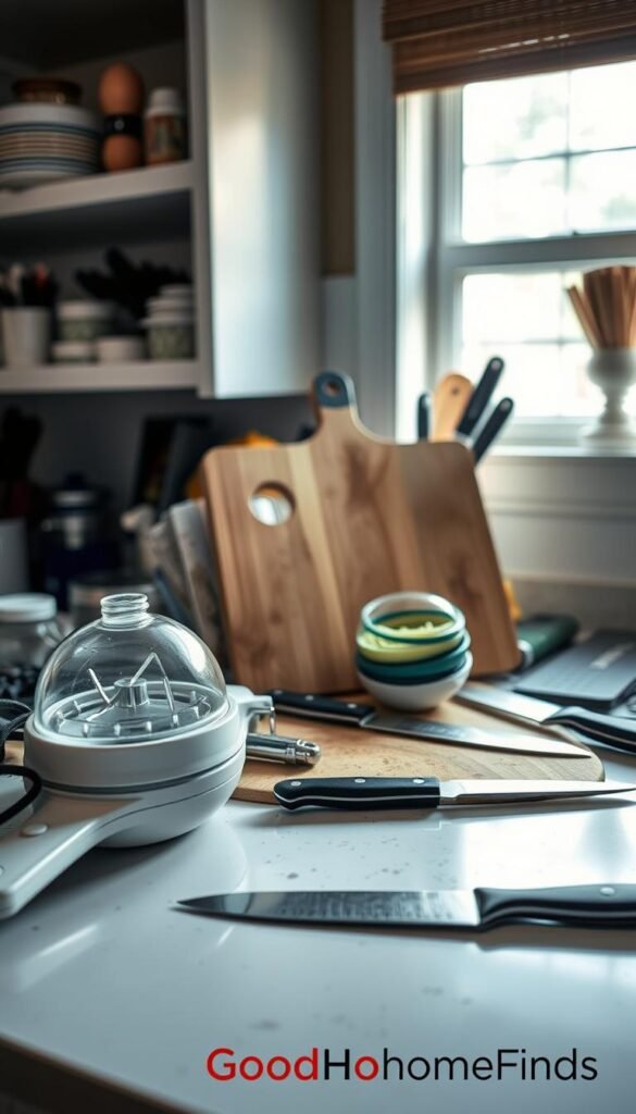 A cluttered kitchen counter showcasing common mistakes in kitchen device purchases. In the foreground, a few unused small kitchen gadgets like an electric egg cooker, a complicated salad spinner, and a fancy knife set, all gathering dust. In the middle, a well-used cutting board and a simple and effective knife, emphasizing practicality. The background features an organized kitchen shelf with essential tools, creating contrast with the clutter. Soft, natural light streams through a nearby window, casting gentle shadows, while the angle captures the scene from a slightly elevated perspective, giving depth. The mood is one of reflection, encouraging viewers to consider their kitchen choices. Include subtle branding elements for "GoodHomeFinds" in the corner, enhancing the lifestyle aesthetics without overshadowing the message.