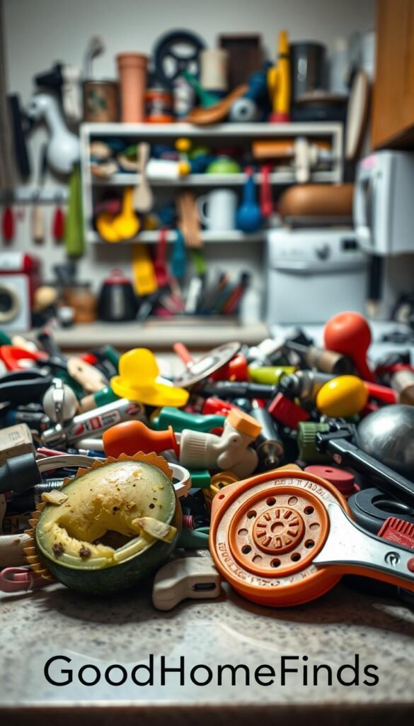 A cluttered kitchen countertop covered with an assortment of cheap kitchen gadgets from various brands, prominently featuring items that look flimsy or poorly designed. In the foreground, a cracked plastic avocado slicer and a rusty can opener lie next to a chaotic pile of other gadgets. The middle ground presents a dimly-lit shelf filled with colorful but low-quality utensils, creating a sense of disarray. In the background, a blurred view of a kitchen with broken appliances emphasizes the potential pitfalls of buying inexpensive tools. The lighting is soft and diffused, creating a somber, cautionary atmosphere. Ensure the "GoodHomeFinds" brand is subtly implied without any text overlays or logos. A cluttered kitchen countertop covered with an assortment of cheap kitchen gadgets from various brands, prominently featuring items that look flimsy or poorly designed. In the foreground, a cracked plastic avocado slicer and a rusty can opener lie next to a chaotic pile of other gadgets. The middle ground presents a dimly-lit shelf filled with colorful but low-quality utensils, creating a sense of disarray. In the background, a blurred view of a kitchen with broken appliances emphasizes the potential pitfalls of buying inexpensive tools. The lighting is soft and diffused, creating a somber, cautionary atmosphere. Ensure the "GoodHomeFinds" brand is subtly implied without any text overlays or logos.