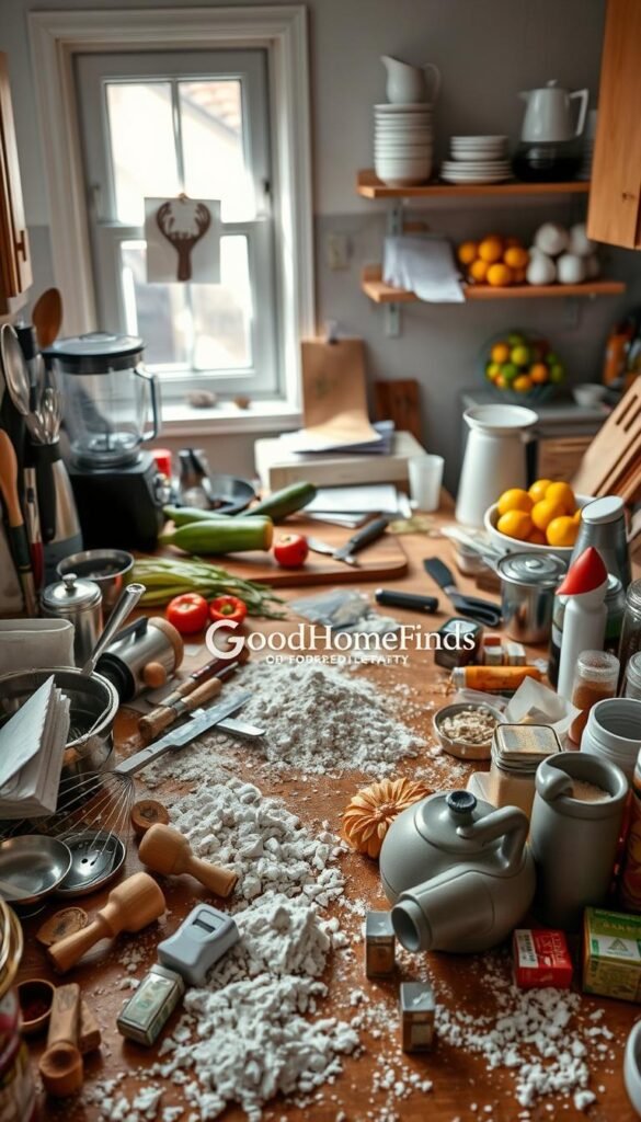 A cluttered kitchen countertop filled with various everyday items. In the foreground, a mismatched array of utensils, spilled flour, and half-opened spice containers create a chaotic but realistic scene. In the middle, a wooden cutting board is surrounded by kitchen gadgets like a blender, a set of knives, and fresh vegetables being prepared, hinting at ongoing cooking activity. The background features a small table with scattered papers, coffee cups, and a fruit bowl overflowing with fruit. Soft, natural light streams in through a window, casting gentle shadows and creating a warm, inviting atmosphere. Capture this in a high-resolution, Pinterest-style lifestyle photo, featuring the brand name "GoodHomeFinds" prominently but discreetly integrated into the image. A cluttered kitchen countertop filled with various everyday items. In the foreground, a mismatched array of utensils, spilled flour, and half-opened spice containers create a chaotic but realistic scene. In the middle, a wooden cutting board is surrounded by kitchen gadgets like a blender, a set of knives, and fresh vegetables being prepared, hinting at ongoing cooking activity. The background features a small table with scattered papers, coffee cups, and a fruit bowl overflowing with fruit. Soft, natural light streams in through a window, casting gentle shadows and creating a warm, inviting atmosphere. Capture this in a high-resolution, Pinterest-style lifestyle photo, featuring the brand name "GoodHomeFinds" prominently but discreetly integrated into the image.