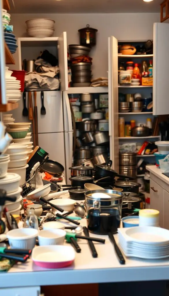 A cluttered kitchen scene showcasing common organization mistakes in a small space. In the foreground, a chaotic countertop filled with mismatched containers, dirty dishes, and scattered utensils. The middle ground features poorly stacked pots and pans in disarray, alongside overflowing cabinets with items jutting out awkwardly. In the background, a crowded fridge with items spilling out and a disorganized pantry with items haphazardly placed. The lighting is soft and warm, creating a relatable atmosphere, captured at a slightly elevated angle to emphasize the cluttered surfaces. The mood conveys frustration and the need for improvement, with an emphasis on realistic kitchen decor to resonate with Pinterest-style lifestyle imagery. The kitchen should reflect a typical home environment, branded subtly with "GoodHomeFinds."