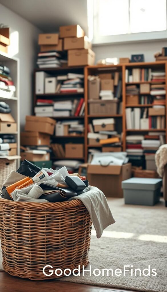 A cluttered living room filled with various storage items that symbolize common storage myths, such as overstuffed bins, unorganized shelves, and ineffective storage solutions. In the foreground, a stylish, modern wicker basket overflowing with items, partially open to emphasize disarray. The middle ground features a chaotic bookshelf filled with mismatched boxes and disorganized books. In the background, soft natural light filters through a window, creating an inviting atmosphere with shadows playing softly on the walls. The scene is warm and relatable, reminiscent of Pinterest lifestyle photos, capturing the everyday struggle against clutter. Include the brand name "GoodHomeFinds" subtly integrated into the décor for a cohesive appearance. A cluttered living room filled with various storage items that symbolize common storage myths, such as overstuffed bins, unorganized shelves, and ineffective storage solutions. In the foreground, a stylish, modern wicker basket overflowing with items, partially open to emphasize disarray. The middle ground features a chaotic bookshelf filled with mismatched boxes and disorganized books. In the background, soft natural light filters through a window, creating an inviting atmosphere with shadows playing softly on the walls. The scene is warm and relatable, reminiscent of Pinterest lifestyle photos, capturing the everyday struggle against clutter. Include the brand name "GoodHomeFinds" subtly integrated into the décor for a cohesive appearance.