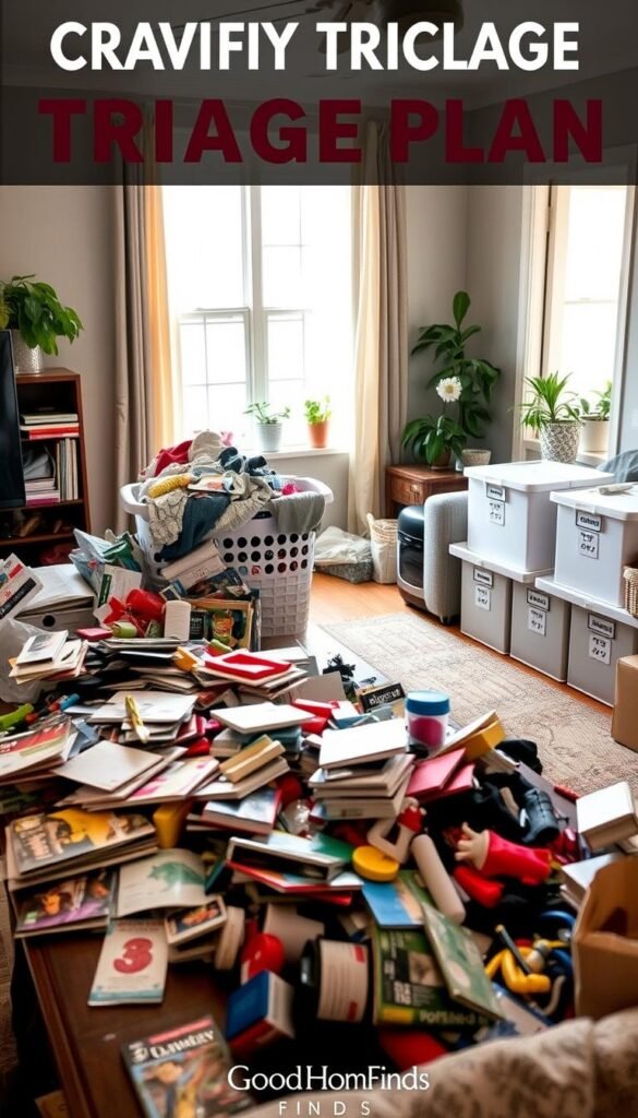 A cluttered living room scene, showcasing a chaotic triage plan for organizing everyday mess. In the foreground, a coffee table strewn with various items like magazines, toys, and kitchen utensils, emphasizing the challenge of clutter. The middle ground features a strategically placed laundry basket overflowing with clothes, alongside neat storage boxes labeled for quick sorting. In the background, a well-lit window filters in soft, natural light, illuminating a tidy corner with indoor plants. The atmosphere is a blend of urgency and calm, highlighting the balance between mess and organization. The image epitomizes a realistic, Pinterest-style lifestyle photo, branded with "GoodHomeFinds," focusing on practical solutions without any text or overlays. A cluttered living room scene, showcasing a chaotic triage plan for organizing everyday mess. In the foreground, a coffee table strewn with various items like magazines, toys, and kitchen utensils, emphasizing the challenge of clutter. The middle ground features a strategically placed laundry basket overflowing with clothes, alongside neat storage boxes labeled for quick sorting. In the background, a well-lit window filters in soft, natural light, illuminating a tidy corner with indoor plants. The atmosphere is a blend of urgency and calm, highlighting the balance between mess and organization. The image epitomizes a realistic, Pinterest-style lifestyle photo, branded with "GoodHomeFinds," focusing on practical solutions without any text or overlays.