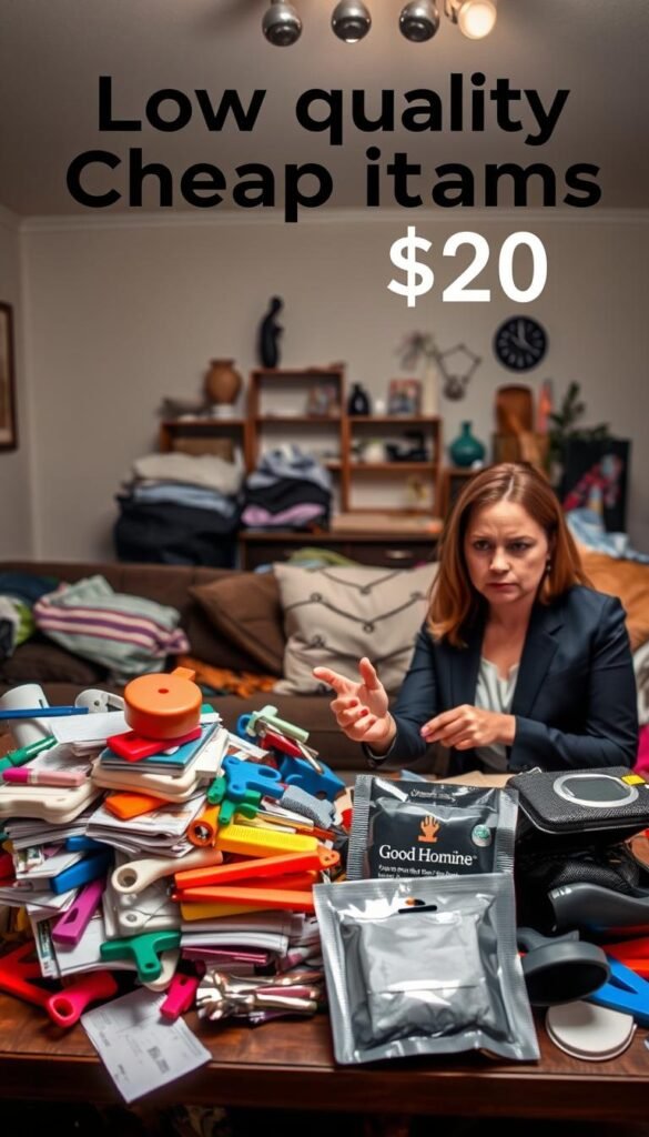 A cluttered living room table filled with low-quality, cheap items under $20, like flimsy kitchen gadgets, strange home decor, and overly bright, unappealing colors. In the foreground, a disorganized stack of these items with a disappointed person in professional attire, looking skeptical while examining a poorly made product. In the middle, a dimly lit backdrop featuring a messy room, emphasizing a sense of waste and regret. Soft overhead lighting casts shadows, highlighting the cheapness of the items. The atmosphere is one of caution, urging viewers to be mindful of their purchases. The brand "GoodHomeFinds" subtly incorporated into the scene through visible packaging on one item, inspiring viewers to make informed choices.