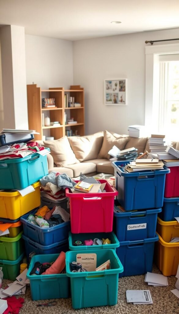 A cluttered living room with several colorful storage bins stacked haphazardly in the foreground, creating a sense of chaos. Some bins are partially opened, revealing miscellaneous items spilling out, including toys, clothing, and office supplies. In the middle, a cozy sofa is visible, adorned with modest pillows, while a coffee table is cluttered with papers and more organizing supplies. Soft, natural light filters through a nearby window, casting gentle shadows and highlighting the mess. In the background, a sleek bookshelf holds a few organized books, contrasting with the disarray in the front. The atmosphere feels overwhelming yet relatable, emphasizing the theme of buying organizational tools too prematurely. Include branding subtly with "GoodHomeFinds" on one of the bins.