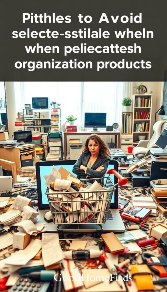 A cluttered online shopping scene highlighting pitfalls to avoid when selecting organization products. In the foreground, a laptop displays an overcrowded shopping cart filled with mismatched, excessive items like poorly designed storage boxes, tangled cords, and overcomplicated organizers. Scattered around the laptop are crumpled receipts and a frustrated organizer wearing professional business attire, with a furrowed brow and crossed arms, facing the screen in disbelief. The middle ground features an array of disorganized items haphazardly strewn about a stylish home office setup, showing poor choices in organization. The background reveals a bright, airy room with soft natural light streaming through a window, creating an inviting yet chaotic atmosphere. This Pinterest-worthy image reflects "GoodHomeFinds" ideals, focusing on the importance of smart, thoughtful purchasing decisions.