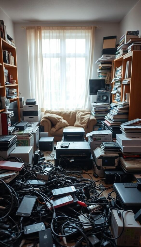 A cluttered small apartment living space showcasing common tech mistakes that waste money and space. In the foreground, a tangled mess of charging cables and unused tech gadgets like old smartphones and a dusty gaming console. In the middle ground, a cramped desk piled with gadgets, such as an oversized printer and multiple empty tech boxes, creating a feeling of disarray. The background features a cozy but overcrowded corner with a small couch, smart devices sitting unused, and an overflowing bookshelf filled with tech manuals. Soft, natural lighting pours in from a nearby window, creating a warm and inviting atmosphere. The overall mood reflects frustration and the consequences of poor tech purchasing decisions, enhancing the lifestyle photo aesthetic of GoodHomeFinds.