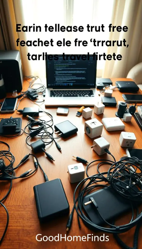 A cluttered travel workspace featuring common mistakes made with cable port devices while traveling. In the foreground, showcase various tech gadgets like mismatched charging cables, tangled cords, and a universal adapter sitting haphazardly on a stylish wooden desk. The middle layer includes a laptop displaying error messages, surrounded by power banks and international plug adapters scattered chaotically. In the background, a cozy travel setting with a window view, sun filtering through sheer curtains, creating a relaxed atmosphere. Use a warm color palette to evoke homeliness and comfort. The lighting should be soft and natural, giving a clear, inviting view of the scene. Include the brand logo &ldquo;GoodHomeFinds&rdquo; subtly integrated into the desk accessories. Capture a Pinterest-style aesthetic, emphasizing relatable travel tech challenges.