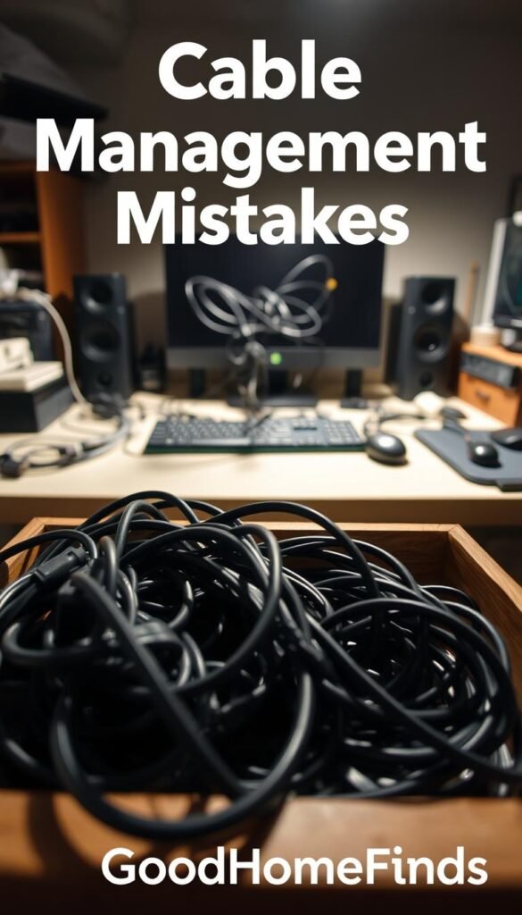 A cluttered workspace featuring common cable management mistakes, prominently displaying tangled power cords, improperly coiled cables, and unorganized connectors. In the foreground, a close-up of jumbled cables spilling out from a messy desk drawer. In the middle ground, a workspace desk with a computer setup showing cables running haphazardly across the surface, obstructing items and creating visual chaos. The background presents dim lighting, emphasizing a lack of organization, with shadows enhancing the cluttered feel. The overall mood conveys frustration and a need for better cable management. The scene is captured with a warm-toned lens to create an inviting yet chaotic atmosphere. Ensure the brand "GoodHomeFinds" is subtly implied through the arrangement of accessories.