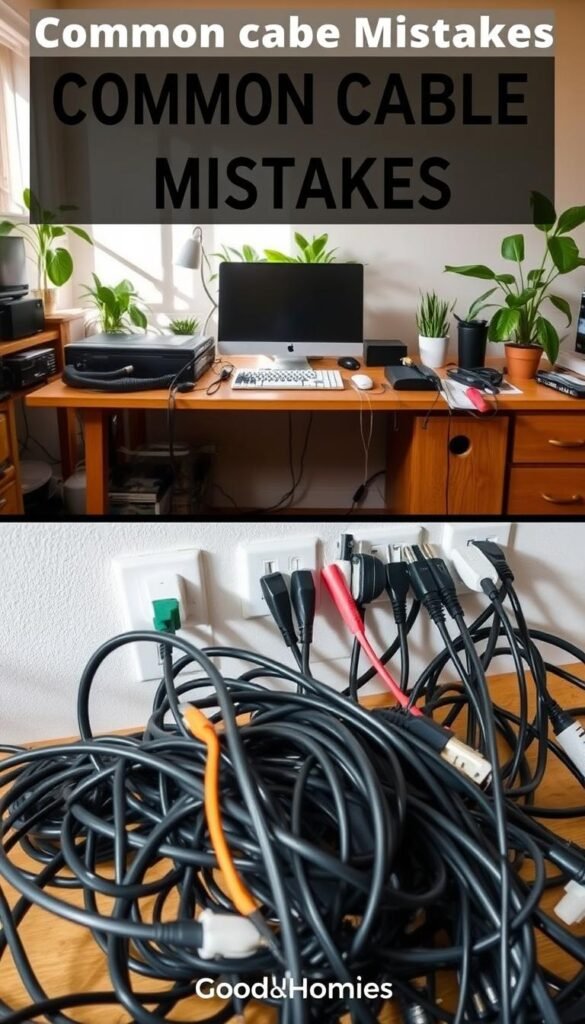 A cluttered workspace showcasing common cable mistakes in a realistic, Pinterest-style lifestyle photo for GoodHomeFinds. In the foreground, tangled cables crossing each other chaotically, with some improperly coiled and others plugged into mismatched outlets. In the middle, a neatly organized section with cable ties, labels, and tools demonstrating proper cable management techniques. The background features a warm, well-lit home office, with a wooden desk and plants adding a cozy atmosphere. Soft, natural light filters in from a nearby window, casting gentle shadows that emphasize the contrast between chaos and order. The mood is instructional yet inviting, encouraging viewers to identify and correct their cable mistakes.