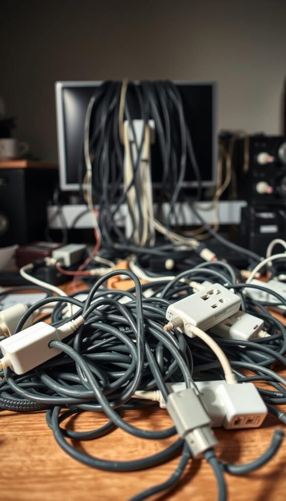 A cluttered workspace with a close-up view of various common cable safety mistakes, including tangled cords, loose connections, and cables blocking airflow around electronic devices. In the foreground, a tangled mess of charging cables and power strips lies haphazardly on a desk, illustrating poor cable management. The middle ground features a computer setup with a messy array of cords spilling out from behind the desk, some connected improperly. In the background, a dimly lit room emphasizes the chaos, with shadows adding depth. Capture the image with soft, natural lighting to highlight the texture of the cables and workspace, creating a slightly chaotic yet informative atmosphere. The style should be realistic, resembling a Pinterest lifestyle photo, branded subtly with "GoodHomeFinds."