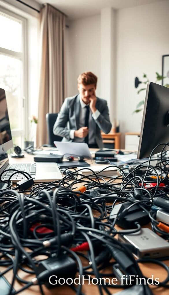 A cluttered yet modern home office setup showcasing common tech mistakes. In the foreground, a tangled mess of cables spilling out from a desk, with a laptop half-open and surrounded by scattered tech gadgets like chargers and unused devices. In the middle ground, a confused young professional in smart casual attire, inspecting a messy, improperly set up workstation. The background features a bright, well-lit room with large windows, allowing natural light to pour in, highlighting dust motes in the air, hinting at neglect. The mood is one of mild frustration blended with a sense of urgency to resolve the chaos. The overall scene is styled to appear like a Pinterest lifestyle photo, branded subtly with "GoodHomeFinds" aesthetic touches throughout.