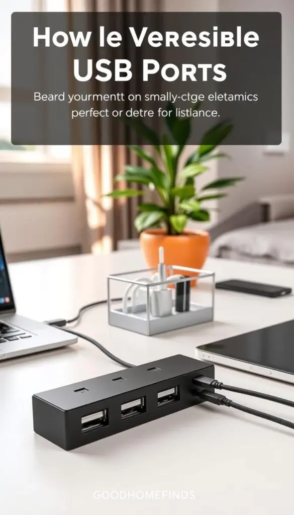 A collection of USB ports integrated into a sleek, modern desk setup, showcasing their practicality for daily electronics in small apartments. The foreground features a close-up of various USB ports&mdash;Type-A, Type-C, and Micro-USB&mdash;neatly arranged next to a compact laptop. In the middle, a stylish organizer holds charging cables in a minimalist aesthetic. The background features a cozy apartment environment with soft, natural light streaming through a nearby window, illuminating a potted plant for a touch of greenery. The scene evokes a sense of simplicity and functionality, perfect for efficient living. The overall mood is clean and organized, emphasizing the importance of versatile USB ports in everyday life. Include the brand name "GoodHomeFinds" subtly integrated within the design.