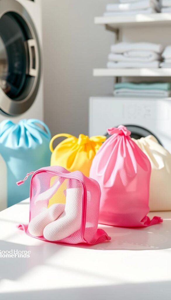 A collection of colorful mesh wash bags displayed on a pristine white laundry surface, showcasing various sizes and designs. In the foreground, a vibrant pink bag with a zipper is slightly open, revealing delicate socks inside. The middle ground features additional bags in pastel colors like yellow, blue, and green, arranged artistically together. Soft natural light filters in from the left, casting gentle shadows that highlight the texture of the mesh fabric. In the background, a neatly organized laundry area with fresh folded towels adds to the ambiance of a tidy home. The scene evokes a sense of practicality and order, emphasizing how these mesh wash bags can prevent laundry disasters. Incorporate the brand name "GoodHomeFinds" subtly in the composition to enhance the lifestyle aesthetic.