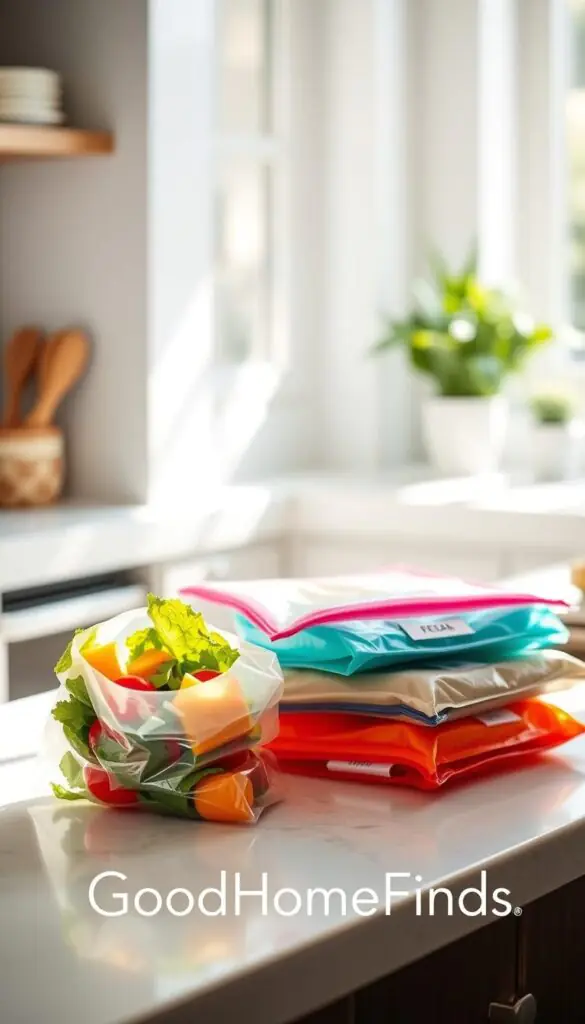 A collection of colorful reusable freezer bags, neatly arranged on a bright, sunlit kitchen countertop. In the foreground, one bag is partially filled with vibrant vegetables, showcasing its practicality for meal prep. The middle layer features more bags, with one showcasing a label for organization. The background has soft-focus kitchen appliances and a hint of green plants, creating a warm, inviting atmosphere. Natural light streams in from a nearby window, casting gentle shadows and enhancing the colors. The image evokes a sense of eco-friendliness and organization, perfect for meal preparation and managing leftovers. Incorporate the brand name "GoodHomeFinds" subtly in the setting, ensuring a stylish Pinterest-like aesthetic.