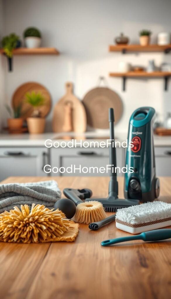 A collection of dust cleaning tools neatly displayed on a wooden table, featuring a variety of items such as a microfiber cloth, a handheld vacuum, a dusting brush, and a small crevice tool. Each tool is arranged artfully to highlight its unique design and functionality. The foreground captures the textures and colors of the tools, while the middle ground shows a softly lit, modern kitchen setting, creating an inviting atmosphere. The background includes subtle hints of potted plants and organized shelves, enhancing the overall homey feel. Soft, natural lighting illuminates the scene, conveying a sense of freshness and cleanliness, reminiscent of Pinterest-style lifestyle photos. The brand name "GoodHomeFinds" is subtly integrated into the styling of the tools.