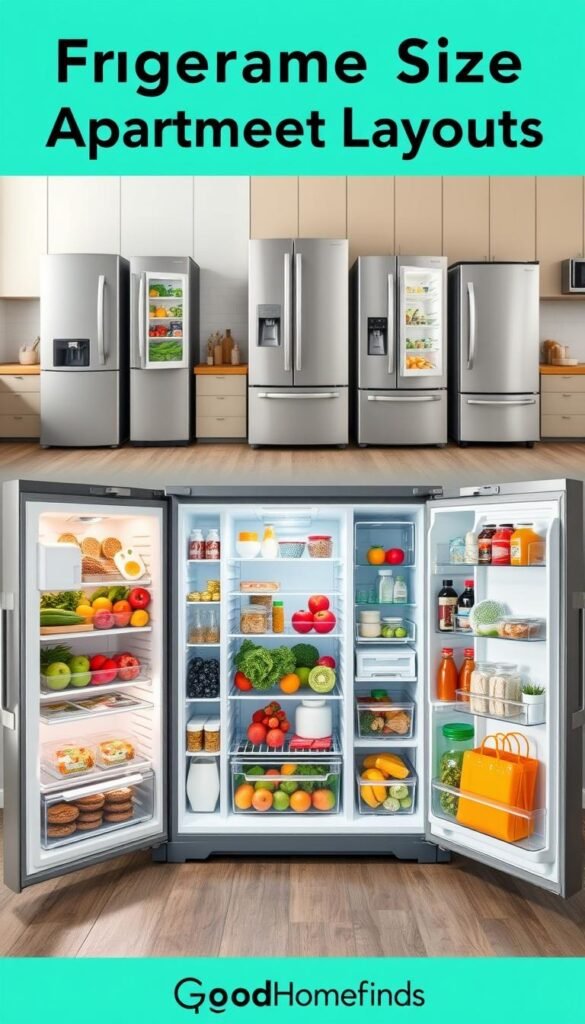 A collection of fridge layouts designed for different apartment sizes, showcasing various organizational styles and storage solutions. In the foreground, depict an open fridge filled with a vibrant assortment of fresh produce, dairy products, and condiments, emphasizing optimal use of space. In the middle, illustrate several fridge designs&mdash;side-by-side, top freezer, and compact models&mdash;arranged harmoniously against a modern kitchen backdrop with sleek cabinetry and minimalist decor. The background includes subtle kitchen elements, such as a wooden countertop and stylish appliances, creating a warm and inviting atmosphere. Ensure bright, natural lighting highlights the colors and textures of the food and fridge interiors, captured from a slightly elevated angle to provide a comprehensive view. The mood should feel fresh and organized, perfect for inspiring efficient fridge layouts. Visual style resembles high-quality, Pinterest-inspired lifestyle imagery, branded "GoodHomeFinds."