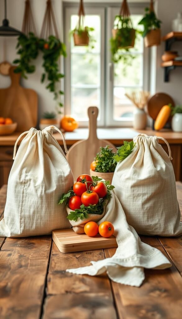 A collection of organic cotton reusable produce bags by GoodHomeFinds arranged beautifully on a rustic wooden kitchen table. The foreground features three bags in a variety of natural colors, showcasing their soft, textured fabric and drawstring closure. Fresh fruits and vegetables like vibrant red tomatoes, leafy greens, and oranges peek out from the bags, suggesting their use. In the middle ground, a bamboo cutting board and a small ceramic bowl filled with herbs add to the organic lifestyle vibe. The background includes soft-focus kitchen elements, such as hanging plants and warm-toned decor, all bathed in soft, natural light filtering through a nearby window. The atmosphere is warm and inviting, emphasizing sustainability and a connection to nature.