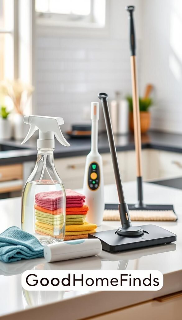 A collection of small cleaning tools arranged aesthetically on a pristine kitchen countertop. In the foreground, a stylish, ergonomic spray bottle filled with eco-friendly cleaner, a set of colorful microfiber cloths, and a compact handheld vacuum. The middle ground showcases a sleek, modern broom with a detachable dustpan and a multi-functional cleaning brush. In the background, a softly blurred kitchen setting with natural light streaming through a window, giving a warm and inviting atmosphere. The entire scene reflects a Pinterest-style lifestyle image, embodying practicality and charm. Emphasize a clean, organized look with soft shadows and vibrant colors, promoting a sense of tidiness and innovation. Brand recognition of "GoodHomeFinds" subtly included through the design of the cleaning tools, enhancing the image's appeal without text.