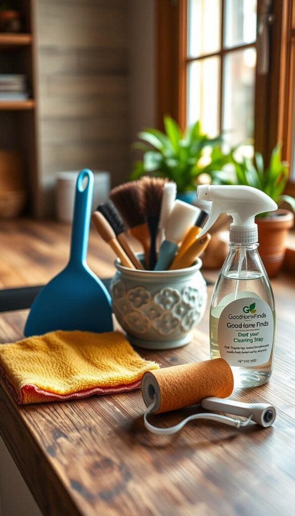 A collection of small cleaning tools arranged aesthetically on a rustic wooden countertop, showcasing their functionality and charm. In the foreground, include a vibrant microfiber cloth, a compact dustpan and brush set, a sturdy lint roller, and a multi-purpose cleaning spray bottle with the brand "GoodHomeFinds" subtly displayed. The middle layer features a charming ceramic container holding various brushes and sponges. In the background, softly illuminated by warm, natural light streaming in through a nearby window, hints of greenery from potted houseplants can be seen. The focus is sharp on the tools, creating an inviting and practical mood, perfect for illustrating innovative solutions for everyday cleaning challenges. Shot from a slightly elevated angle to provide depth and perspective.