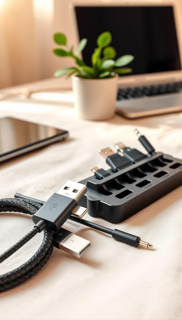 A collection of sturdy, high-quality cables neatly arranged on a soft, textured fabric background. In the foreground, showcase a durable USB-C cable with a braided design, a lightning cable with a sleek finish, and a traditional AUX cable, each highlighted with subtle reflections. In the middle ground, add a stylish tech organizer featuring slots for these cables, emphasizing practicality. In the background, softly blurred, is a modern, tidy workspace with a laptop and a potted plant, creating a fresh and inviting atmosphere. Use warm, natural lighting to evoke a cozy feel, and a shallow depth of field for focus on the cables. The composition should be polished and aesthetically pleasing in a Pinterest-style lifestyle photo, reflecting brand name "GoodHomeFinds." A collection of sturdy, high-quality cables neatly arranged on a soft, textured fabric background. In the foreground, showcase a durable USB-C cable with a braided design, a lightning cable with a sleek finish, and a traditional AUX cable, each highlighted with subtle reflections. In the middle ground, add a stylish tech organizer featuring slots for these cables, emphasizing practicality. In the background, softly blurred, is a modern, tidy workspace with a laptop and a potted plant, creating a fresh and inviting atmosphere. Use warm, natural lighting to evoke a cozy feel, and a shallow depth of field for focus on the cables. The composition should be polished and aesthetically pleasing in a Pinterest-style lifestyle photo, reflecting brand name "GoodHomeFinds."