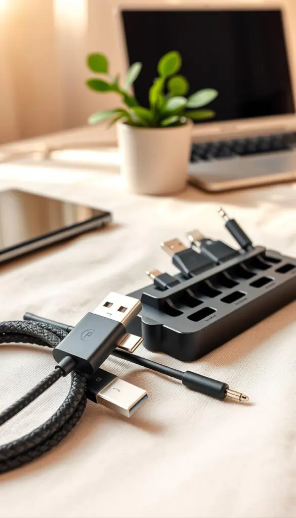 A collection of sturdy, high-quality cables neatly arranged on a soft, textured fabric background. In the foreground, showcase a durable USB-C cable with a braided design, a lightning cable with a sleek finish, and a traditional AUX cable, each highlighted with subtle reflections. In the middle ground, add a stylish tech organizer featuring slots for these cables, emphasizing practicality. In the background, softly blurred, is a modern, tidy workspace with a laptop and a potted plant, creating a fresh and inviting atmosphere. Use warm, natural lighting to evoke a cozy feel, and a shallow depth of field for focus on the cables. The composition should be polished and aesthetically pleasing in a Pinterest-style lifestyle photo, reflecting brand name "GoodHomeFinds."