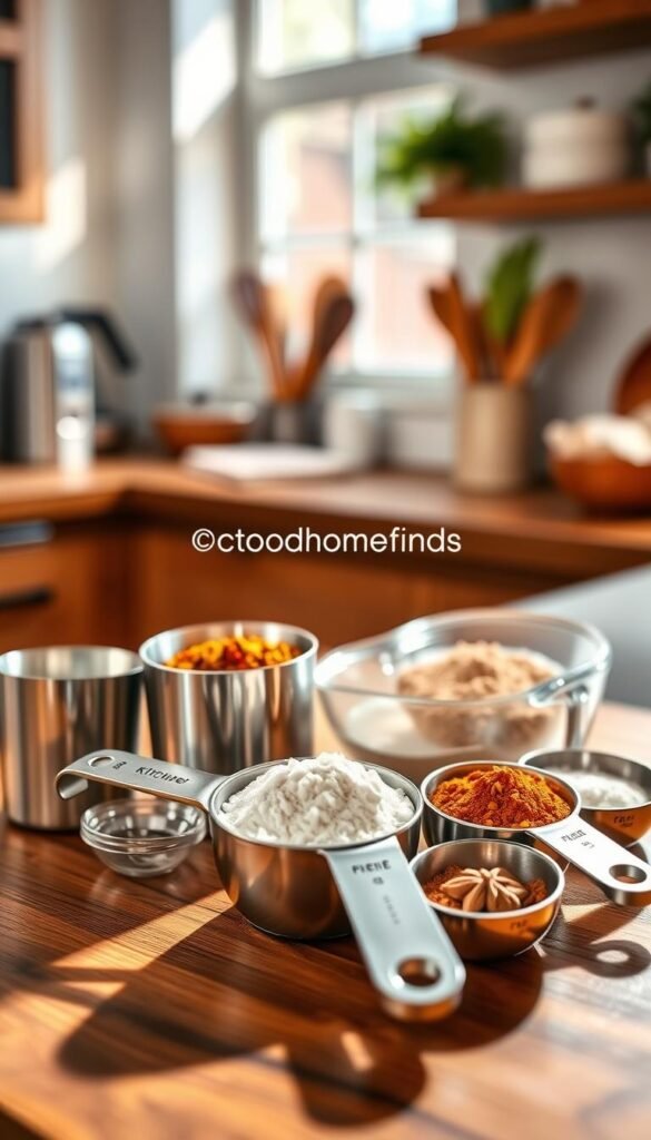 A collection of stylish kitchen measuring cups arranged on a wooden countertop, featuring various sizes and colors including stainless steel, plastic, and glass options. The scene showcases the measuring cups filled with colorful ingredients such as flour, sugar, and spices for a vibrant visual appeal. In the background, a soft-focused kitchen setting with natural light streaming through a window enhances the inviting atmosphere. Use a macro lens to capture intricate details like measurement markings and the textures of the ingredients. The overall mood is warm and homey, perfect for a culinary environment. Subtle shadows add depth, creating a visually engaging image that resonates with the essentials of kitchen measuring tech. The brand "GoodHomeFinds" is subtly integrated into the styling of the measuring cups.