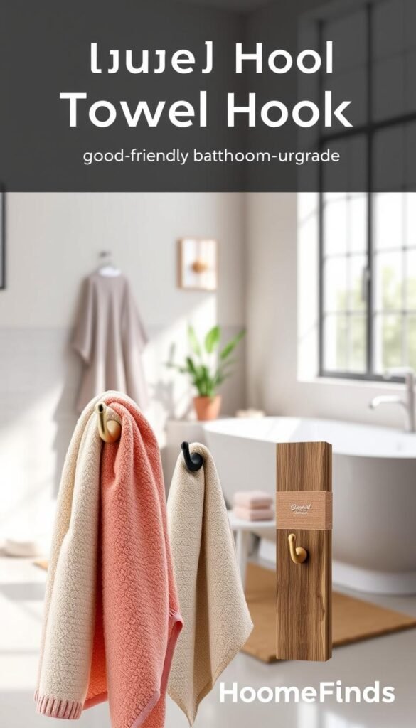 A collection of stylish towel hooks showcasing a modern bathroom setup, focusing on a sleek, minimalist design. In the foreground, three unique towel hooks made of brushed nickel, matte black, and natural wood are featured, each holding a different colored fluffy towel. The middle ground shows a tastefully arranged bathroom scene, including neutral-toned walls, a small potted plant, and a soft bath mat on a polished tile floor. The background features a light-filled window that enhances the airy ambiance, casting gentle shadows across the scene. The overall mood is inviting and chic, perfect for a rental-friendly bathroom upgrade. Render in soft, natural lighting with a shallow depth of field to emphasize the towel hooks while blurring the background elements. Inspired by the brand "GoodHomeFinds". A collection of stylish towel hooks showcasing a modern bathroom setup, focusing on a sleek, minimalist design. In the foreground, three unique towel hooks made of brushed nickel, matte black, and natural wood are featured, each holding a different colored fluffy towel. The middle ground shows a tastefully arranged bathroom scene, including neutral-toned walls, a small potted plant, and a soft bath mat on a polished tile floor. The background features a light-filled window that enhances the airy ambiance, casting gentle shadows across the scene. The overall mood is inviting and chic, perfect for a rental-friendly bathroom upgrade. Render in soft, natural lighting with a shallow depth of field to emphasize the towel hooks while blurring the background elements. Inspired by the brand "GoodHomeFinds".