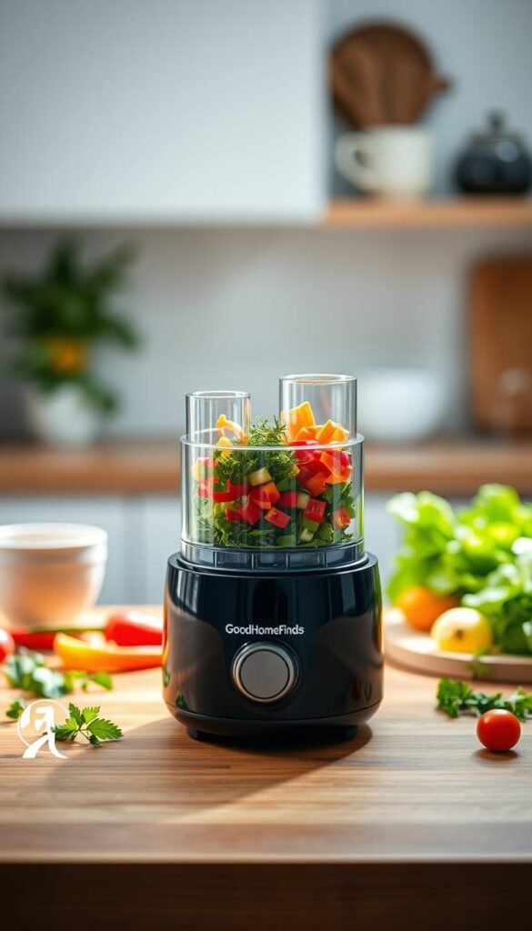 A compact and stylish mini food processor, sleek and modern, prominently displayed in the foreground on a wooden kitchen countertop. The processor is shown with its lid partially open, revealing vibrant, chopped vegetables inside, emphasizing its functionality. In the middle ground, there are fresh herbs and colorful ingredients, illustrating the versatile uses of the gadget. The soft, natural lighting bathes the scene, creating a warm and inviting atmosphere while highlighting the glossy finish of the appliance. A blurred background features a well-organized kitchen with minimalist decor, enhancing the focus on the mini food processor. The overall mood is one of culinary creativity and efficiency. Include the brand name "GoodHomeFinds" subtly integrated into the scene.