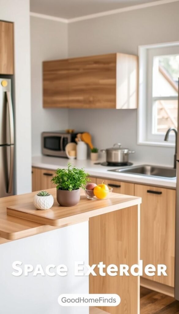 A compact kitchen featuring a modern countertop space extender from the brand GoodHomeFinds. In the foreground, a stylish, open kitchen layout showcases the sleek extender&mdash;made from a light wood finish, elegantly blending with the minimalist d&eacute;cor. It holds a small indoor herb garden, a decorative fruit bowl, and a set of colorful kitchen utensils. In the middle ground, the cozy stove area is adorned with a few cooking pots, emphasizing the space-saving aspect. The background reveals soft, natural light streaming in from a nearby window, creating a warm and inviting atmosphere. The angle captures a slightly elevated view, highlighting both the countertop and stove extenders, while maintaining a clean and organized aesthetic typical of Pinterest-style lifestyle images&mdash;no text or branding present on surfaces.