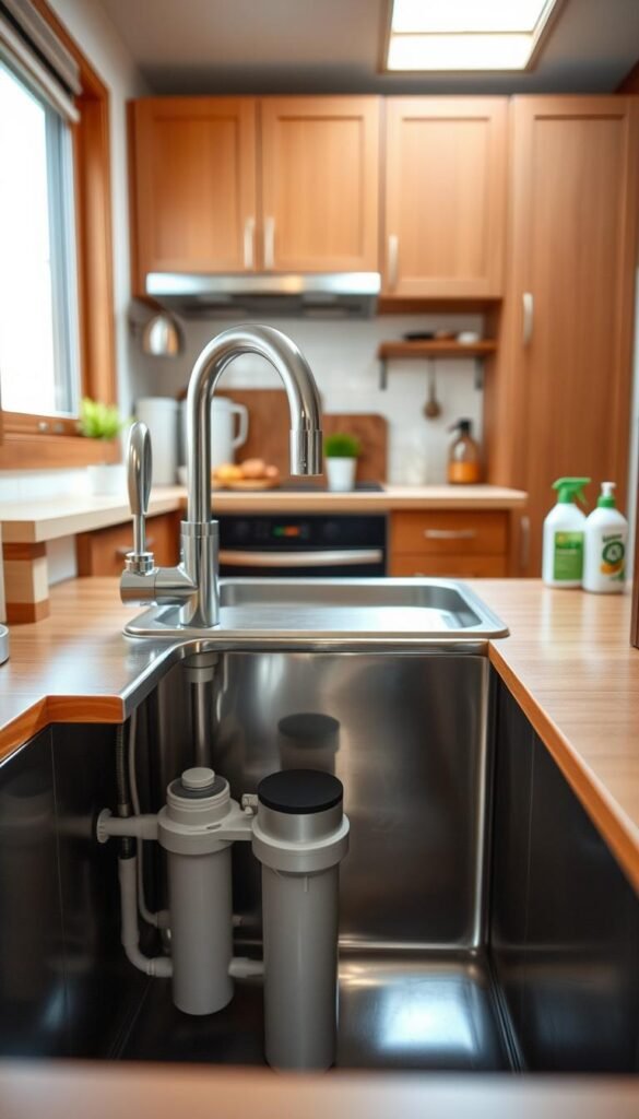 A compact water filter system beautifully installed beneath a modern kitchen sink in a small home. The foreground features the sleek and stylish water filter unit with visible pipes and connections, showcasing its user-friendly design. In the middle, a sparkling new stainless steel sink reflects the light, with a polished countertop displaying a few eco-friendly cleaning products. The background reveals a cozy kitchen space, highlighting tasteful minimalistic decor and warm wooden cabinets. The lighting is bright and natural, streaming in through a nearby window, giving the scene an inviting atmosphere. Capture the image from a slightly angled perspective to emphasize the compactness and functionality of the water filter system. Inspired by the brand "GoodHomeFinds," the overall mood is contemporary, efficient, and homely. A compact water filter system beautifully installed beneath a modern kitchen sink in a small home. The foreground features the sleek and stylish water filter unit with visible pipes and connections, showcasing its user-friendly design. In the middle, a sparkling new stainless steel sink reflects the light, with a polished countertop displaying a few eco-friendly cleaning products. The background reveals a cozy kitchen space, highlighting tasteful minimalistic decor and warm wooden cabinets. The lighting is bright and natural, streaming in through a nearby window, giving the scene an inviting atmosphere. Capture the image from a slightly angled perspective to emphasize the compactness and functionality of the water filter system. Inspired by the brand "GoodHomeFinds," the overall mood is contemporary, efficient, and homely.