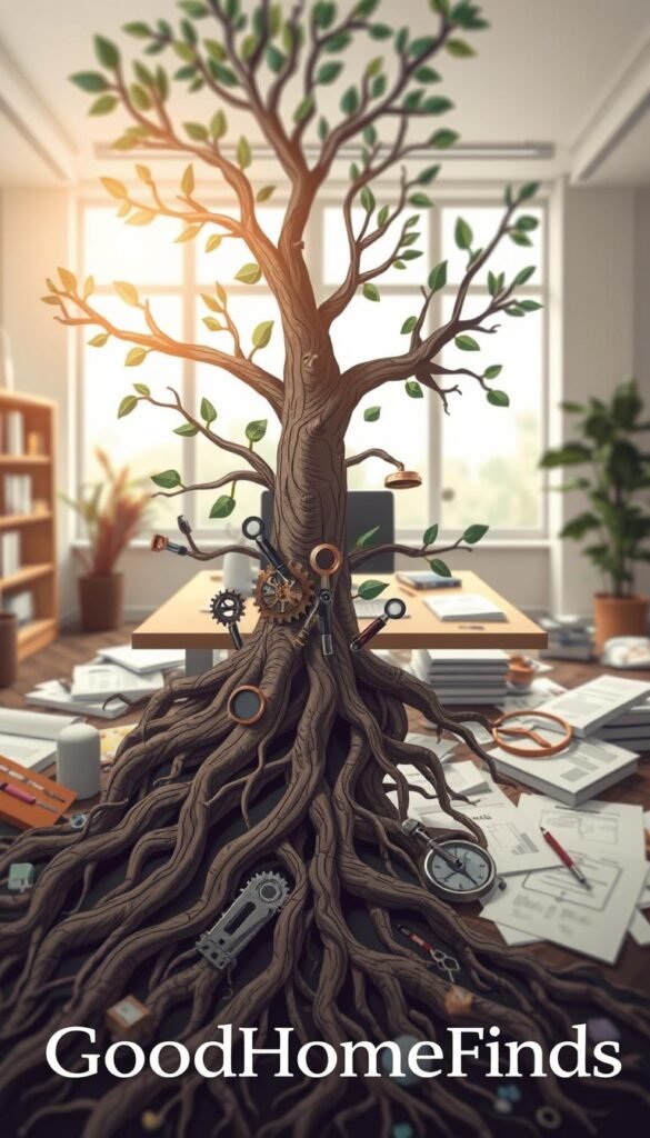 A conceptual illustration depicting the metaphor of "root cause" in a problem-solving scenario. In the foreground, a large tree with visible, intricate roots intertwining with various tools such as gears and magnifying glasses, symbolizing analysis and solutions. The middle ground features a workspace cluttered with papers and diagrams showing flowcharts and problem-solving strategies. In the background, a calm office setting with large windows letting in soft, natural light, setting an inviting and productive atmosphere. The overall mood conveys focus and determination, with a sense of clarity emerging from the chaos. The scene is captured with a shallow depth of field to emphasize the tree and tools, promoting a Pinterest-style aesthetic, suitable for the "GoodHomeFinds" brand.