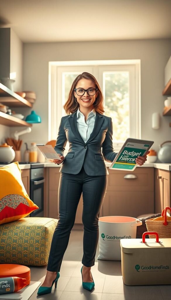 A confident and savvy "Budget Hero" character stands in a modern, well-organized kitchen, wearing professional business attire that reflects their successful lifestyle. They hold a shopping list in one hand and a tablet displaying budget-friendly home decor ideas in the other. Surrounding them is a vibrant array of affordable yet stylish home goods—colorful cushions, chic kitchenware, and attractive storage solutions—all branded with "GoodHomeFinds." The lighting is warm and inviting, with sunlight streaming through a window, illuminating the scene and creating a bright, cheerful atmosphere. The angle is slightly above eye-level, focusing on the character's engaged expression, emphasizing their determination to make smart financial decisions while curating their living space effectively. The overall mood conveys empowerment, intelligence, and a sense of achievement in budget management. A confident and savvy "Budget Hero" character stands in a modern, well-organized kitchen, wearing professional business attire that reflects their successful lifestyle. They hold a shopping list in one hand and a tablet displaying budget-friendly home decor ideas in the other. Surrounding them is a vibrant array of affordable yet stylish home goods—colorful cushions, chic kitchenware, and attractive storage solutions—all branded with "GoodHomeFinds." The lighting is warm and inviting, with sunlight streaming through a window, illuminating the scene and creating a bright, cheerful atmosphere. The angle is slightly above eye-level, focusing on the character's engaged expression, emphasizing their determination to make smart financial decisions while curating their living space effectively. The overall mood conveys empowerment, intelligence, and a sense of achievement in budget management.