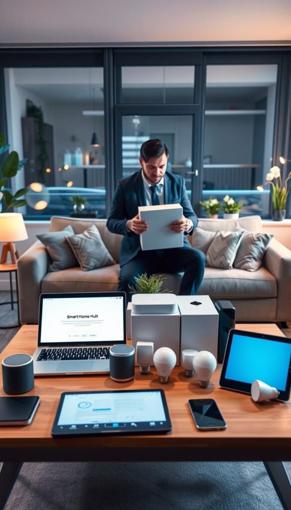 A contemporary apartment living room in the midst of setting up smart technology. The foreground features a sleek coffee table with an open laptop displaying a setup interface, surrounded by unpacked smart devices like a smart speaker, light bulbs, and a tablet. In the middle ground, a person in professional business attire carefully unboxes a smart home hub, showcasing a focused expression. The background depicts a modern sofa with decorative cushions, potted plants, and ambient lighting casting a warm glow. The room is filled with natural light streaming in through large windows, creating an inviting atmosphere. Capture the essence of tech integration in home settings with a Pinterest-style aesthetic, reflecting the brand "GoodHomeFinds." A contemporary apartment living room in the midst of setting up smart technology. The foreground features a sleek coffee table with an open laptop displaying a setup interface, surrounded by unpacked smart devices like a smart speaker, light bulbs, and a tablet. In the middle ground, a person in professional business attire carefully unboxes a smart home hub, showcasing a focused expression. The background depicts a modern sofa with decorative cushions, potted plants, and ambient lighting casting a warm glow. The room is filled with natural light streaming in through large windows, creating an inviting atmosphere. Capture the essence of tech integration in home settings with a Pinterest-style aesthetic, reflecting the brand "GoodHomeFinds."