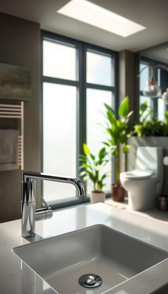 A contemporary bathroom scene showcasing water efficiency technology. In the foreground, there's a sleek, modern sink equipped with a stylish low-flow faucet, adorned with a polished chrome finish. The middle ground features an eco-friendly toilet with a smart flush system, illustrating practicality and design. Light filters through large frosted windows, creating a warm and inviting ambiance. The background displays green plants and energy-efficient lighting fixtures, enhancing the eco-conscious atmosphere. The overall mood is fresh and clean, embodying comfort and innovation. A subtle touch of elegance, complemented by soft shadows, provides a Pinterest-style aesthetic that highlights the benefits of modern bathroom tech, perfect for showcasing GoodHomeFinds. A contemporary bathroom scene showcasing water efficiency technology. In the foreground, there's a sleek, modern sink equipped with a stylish low-flow faucet, adorned with a polished chrome finish. The middle ground features an eco-friendly toilet with a smart flush system, illustrating practicality and design. Light filters through large frosted windows, creating a warm and inviting ambiance. The background displays green plants and energy-efficient lighting fixtures, enhancing the eco-conscious atmosphere. The overall mood is fresh and clean, embodying comfort and innovation. A subtle touch of elegance, complemented by soft shadows, provides a Pinterest-style aesthetic that highlights the benefits of modern bathroom tech, perfect for showcasing GoodHomeFinds.